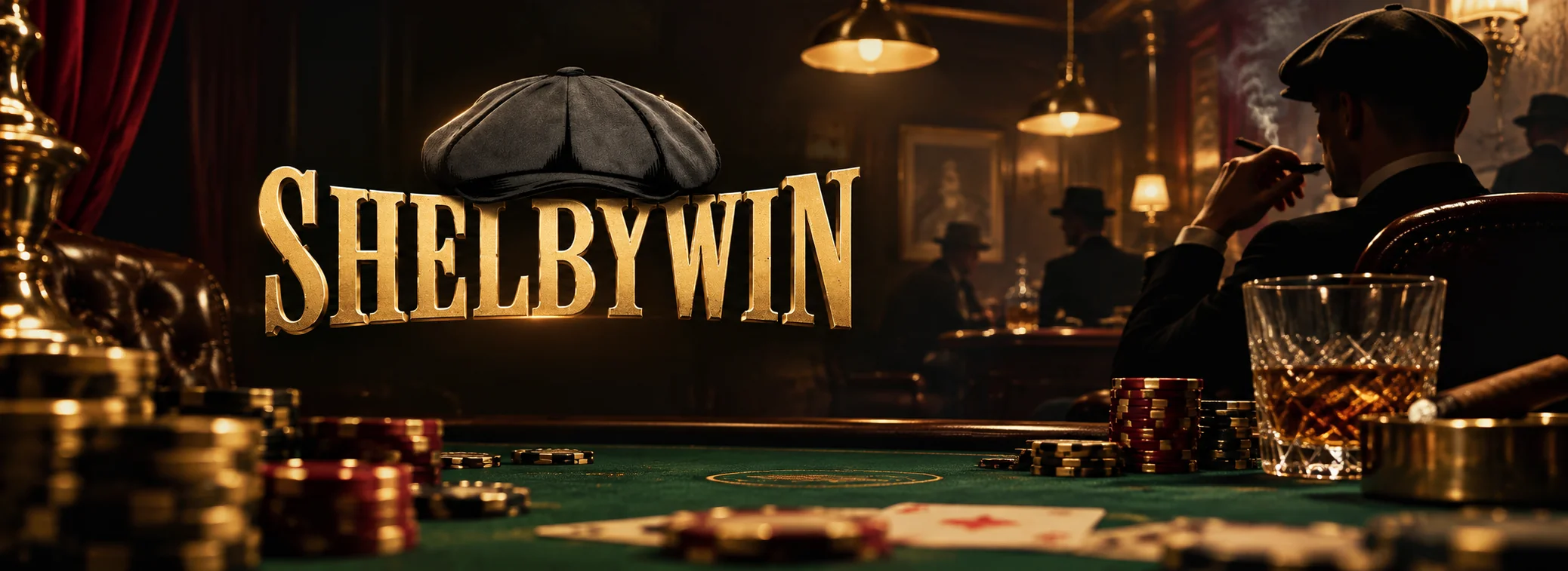 ShelbyWin casino table with brass lighting and the ShelbyWin wordmark
